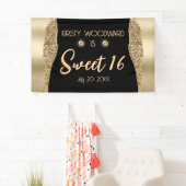 Gouden Glitter Glam Rand & Diamanten Sweet 16 Spandoek (Insitu)