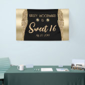 Gouden Glitter Glam Rand & Diamanten Sweet 16 Spandoek (Beurs)