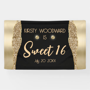 Gouden Glitter Glam Rand & Diamanten Sweet 16 Spandoek