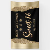 Gouden Glitter Glam Rand & Diamanten Sweet 16 Spandoek (Verticaal)