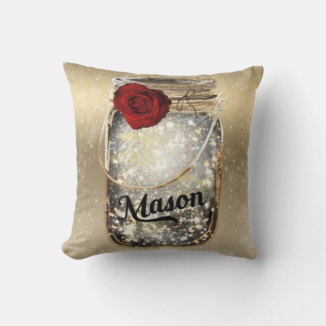 Gouden Glitter Glam Rode Roos Mason Jar Kussen (Voorkant)
