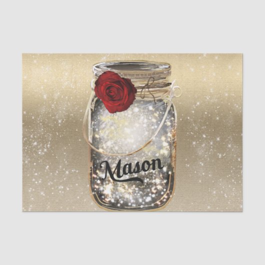 Gouden Glitter Glam Rode Roos Mason Jar Tissuepapier (Voorkant)