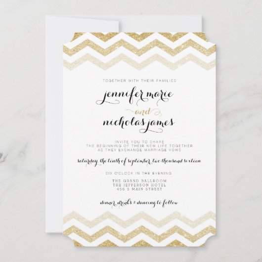 Gouden Glitter Glamour Chevron bruiloft uitnodigin Kaart (Voorkant)