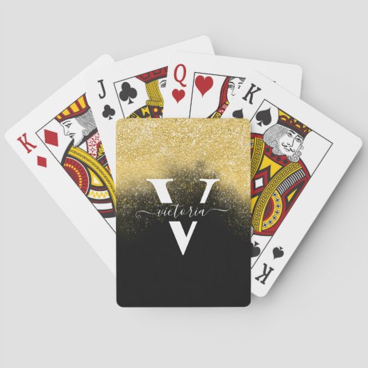 Gouden glitter glans elegante monogram zwarte aang pokerkaarten (Achterkant)