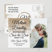 Gouden Glitter Glans Witte Save the Date Aankondigingskaart (Voorkant / Achterkant)