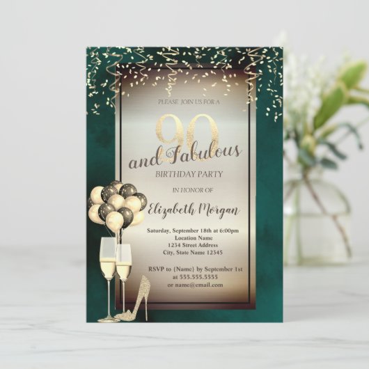 Gouden Glitter Glas, Ballonnen Groen 90ste Verjaar Kaart (Staand voorkant)