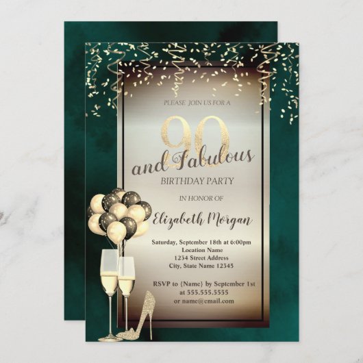 Gouden Glitter Glas, Ballonnen Groen 90ste Verjaar Kaart (Voorkant / Achterkant)