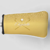Gouden Glitter Golf Ball Klassieke Script Naam Golfheadcover (Voorkant)
