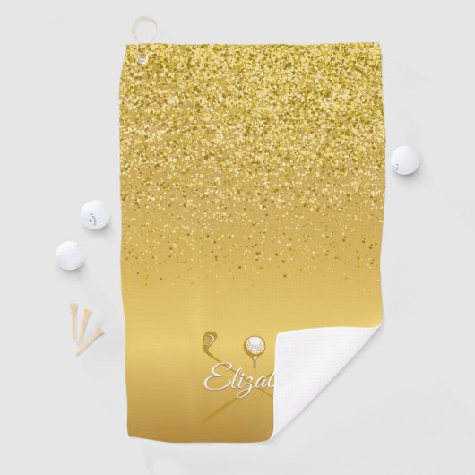 Gouden Glitter Golfbal Klassieke Script Naam Golfhanddoek (Insitu)
