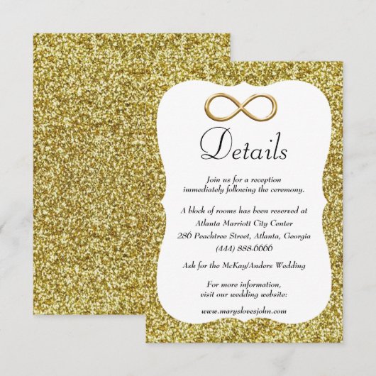 Gouden Glitter Goud Infinity Bruiloft Details Informatiekaartje (Voorkant / Achterkant)