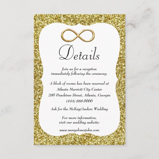 Gouden Glitter Goud Infinity Bruiloft Details Informatiekaartje (Voorkant)