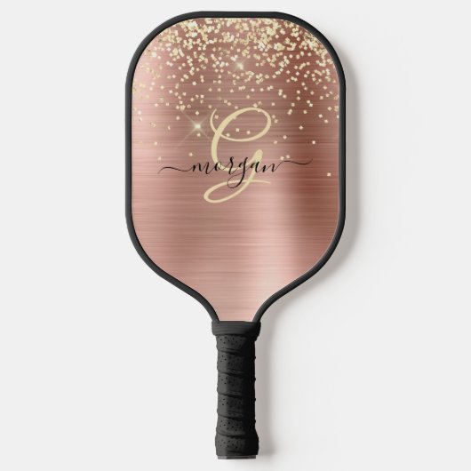 Gouden Glitter, Gouden Monogram, Zwart Script Naam Pickleball Paddle (Voorkant)