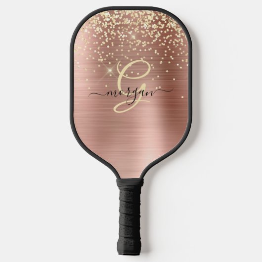 Gouden Glitter, Gouden Monogram, Zwart Script Naam Pickleball Paddle (Achterkant)