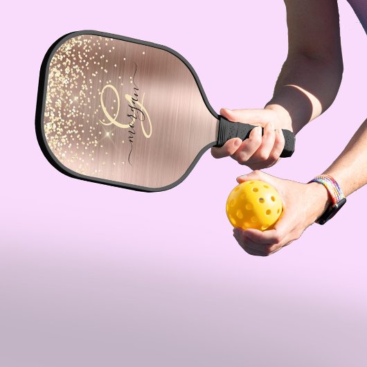 Gouden Glitter, Gouden Monogram, Zwart Script Naam Pickleball Paddle
