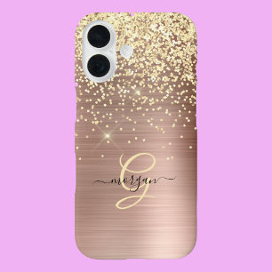 Gouden glitter, gouden monogram, zwarte naam in sc iPhone 16 hoesje