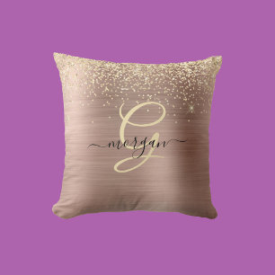 Gouden Glitter, Gouden Monogram, Zwarte Script Naa Kussen