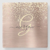Gouden Glitter, Gouden Monogram, Zwarte Script Naa Stenen Onderzetter (Voorkant)
