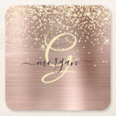 Gouden glitter, gouden monogram, zwarte scriptnaam kartonnen onderzetters (Voorkant)