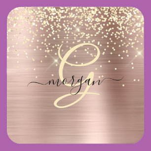 Gouden glitter, gouden monogram, zwarte scriptnaam kartonnen onderzetters