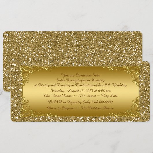 Gouden Glitter Gouden Ticket Party Kaart (Voorkant / Achterkant)