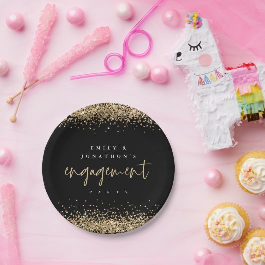 Gouden Glitter Grenzen Namen Engagement Party Zwar Papieren Bordje (Feest)