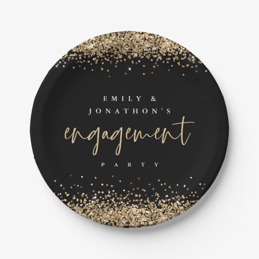 Gouden Glitter Grenzen Namen Engagement Party Zwar Papieren Bordje (Voorkant)