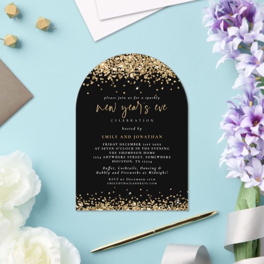 Gouden Glitter Grenzen Nieuwjaarsfeest Zwart Acryl Acryl Uitnodigingen (Insitu (Huwelijk))