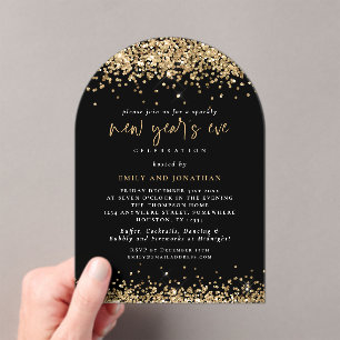 Gouden Glitter Grenzen Nieuwjaarsfeest Zwart Acryl Uitnodigingen
