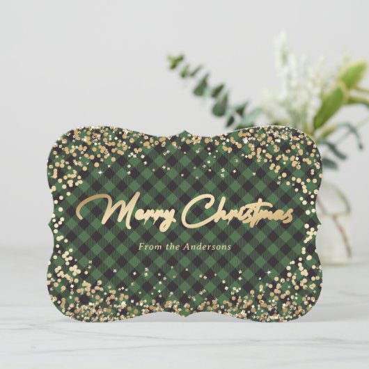Gouden Glitter Groen Buffalo Geruite Kerstkaarten Feestdagenkaart (Staand voorkant)