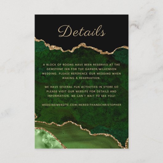 Gouden Glitter Groene Agaat Bruiloft Details Informatiekaartje (Voorkant)