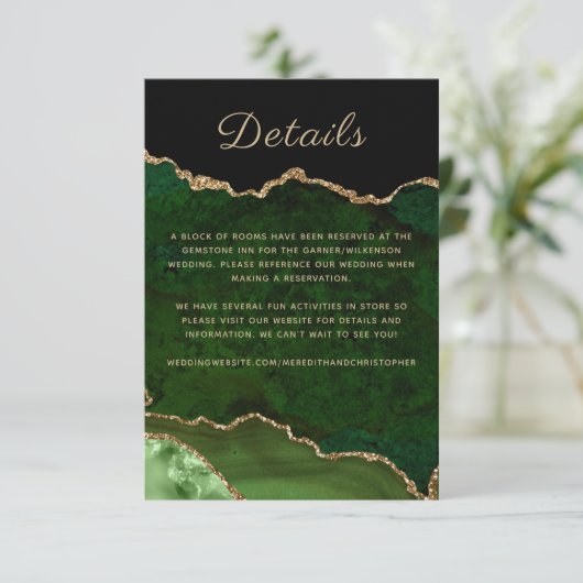 Gouden Glitter Groene Agaat Bruiloft Details Informatiekaartje (Staand voorkant)