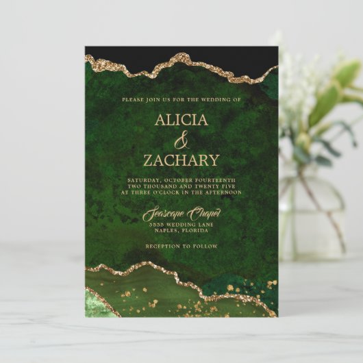 Gouden Glitter Groene Agaat Bruiloft Kaart (Staand voorkant)