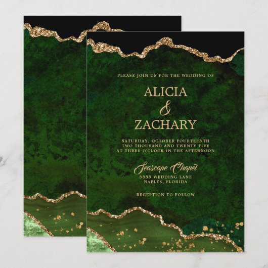 Gouden Glitter Groene Agaat Bruiloft Kaart (Voorkant / Achterkant)
