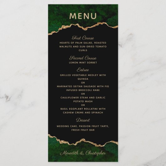 Gouden Glitter Groene Agaat Bruiloft Menu (Voorkant)