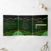 Gouden Glitter Groene Agaat Geode Wedding Drieluik Uitnodiging (Binnen)