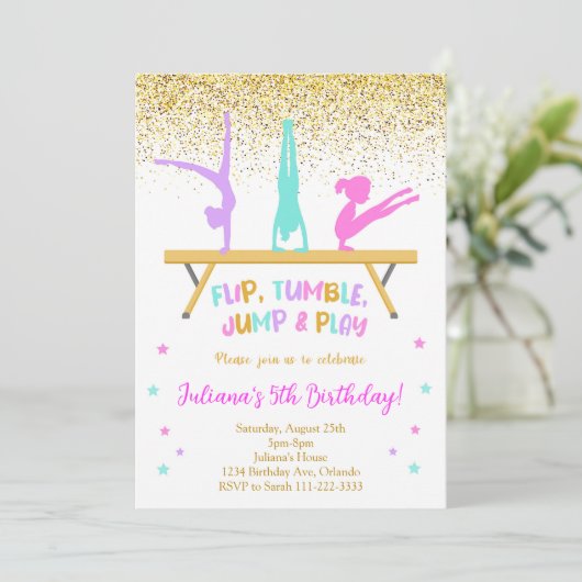 Gouden Glitter Gymnastiek Kids Verjaardag Uitnodig Kaart (Staand voorkant)