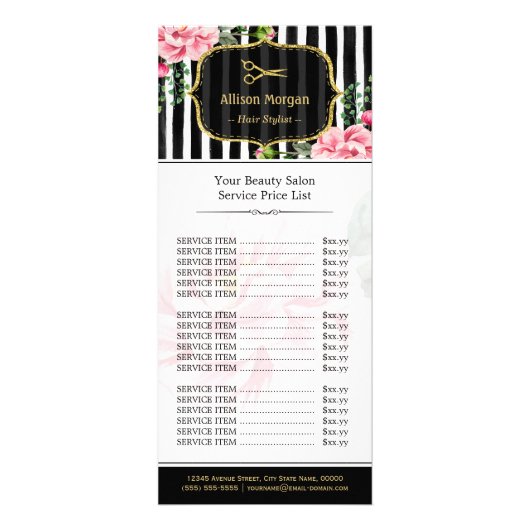 Gouden Glitter Hair Salon Roze Bloemen Prijslijst Reclamekaart (Voorkant)
