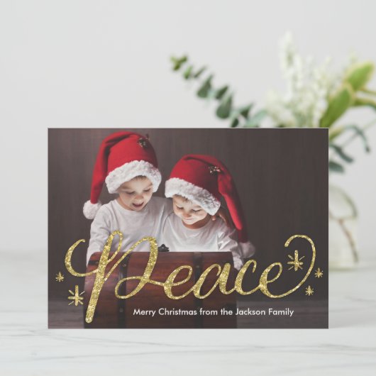 Gouden Glitter Hand Letter Peace Kerstmis Feestdagenkaart (Staand voorkant)