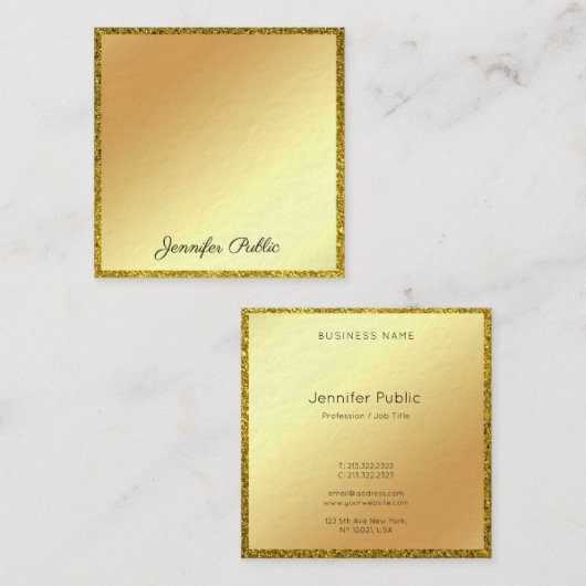 Gouden Glitter Handgeschreven Script Modern Elegan Vierkante Visitekaartje (Voorkant / Achterkant)
