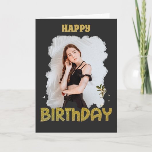Gouden glitter Happy Birthday Foto Zwart lijst Kaart (Voorkant)