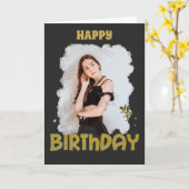Gouden glitter Happy Birthday Foto Zwart lijst Kaart (Gele Bloem)