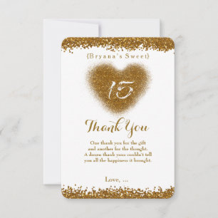 Gouden Glitter Hart 15 Quinceincera Bedankkaart