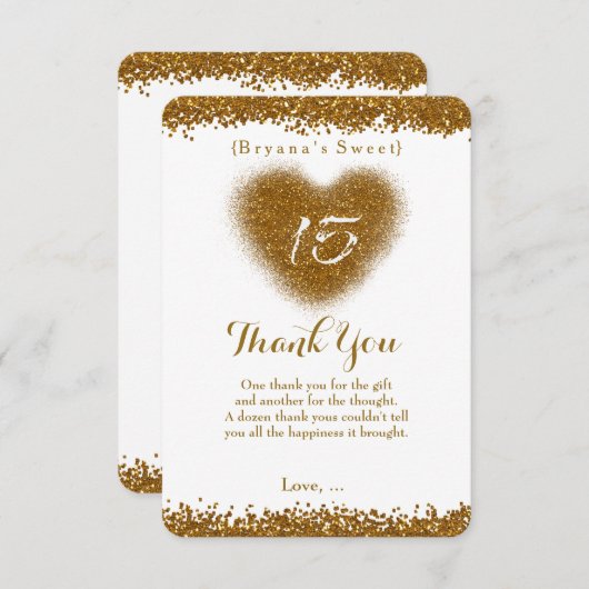 Gouden Glitter Hart 15 Quinceincera Dank u kaart (Voorkant / Achterkant)