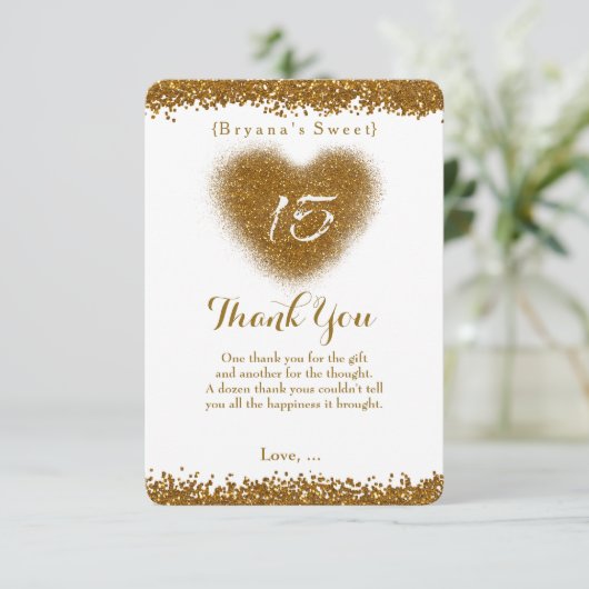 Gouden Glitter Hart 15 Quinceincera Dank u kaart (Staand voorkant)