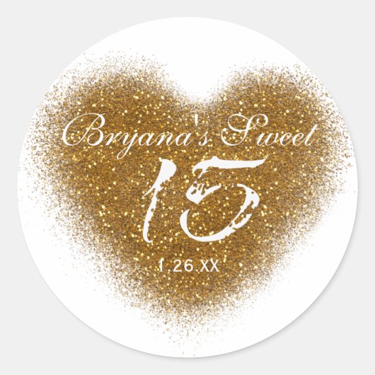 Gouden Glitter Hart 15 Quinceincera Party Stickers (Voorkant)