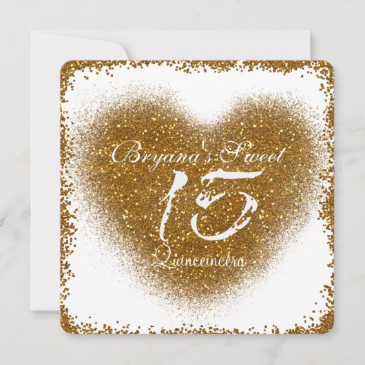 Gouden Glitter Hart 15 Quinceincera Uitnodigingen (Voorkant)