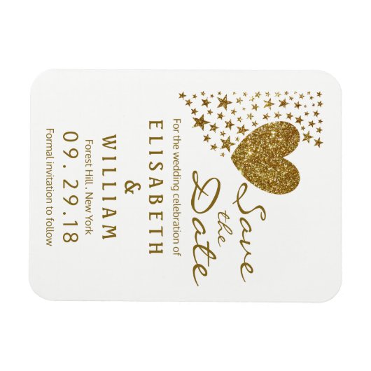 Gouden Glitter Hart en Sterren Bruiloft Save The D Magneet (Horizontaal)