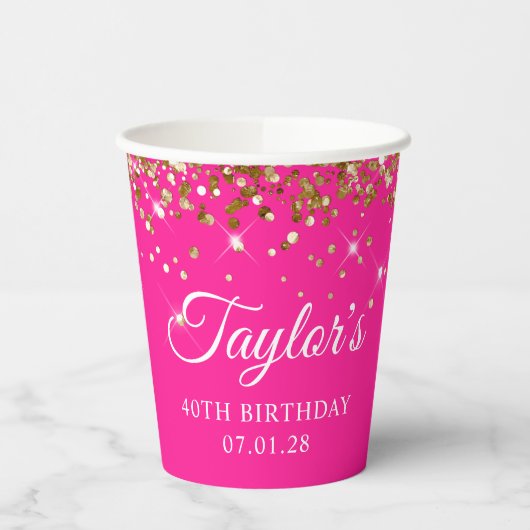 Gouden Glitter Heet Roze 40e Verjaardag Papieren Bekers (Links)