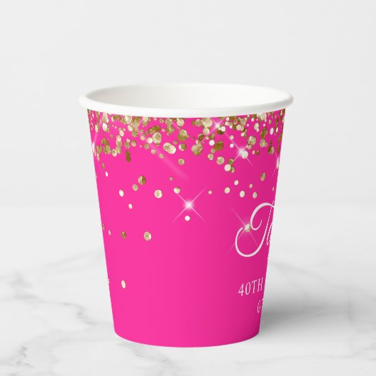 Gouden Glitter Heet Roze 40e Verjaardag Papieren Bekers (Voorkant)