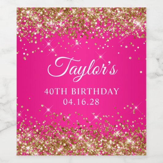 Gouden Glitter Heet Roze 40e Verjaardag Wijn Etiket (Enkel label)